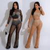 Damen Einteiler mit Netz und Strasssteinen: Langarm-Oberteil & Lange Hose