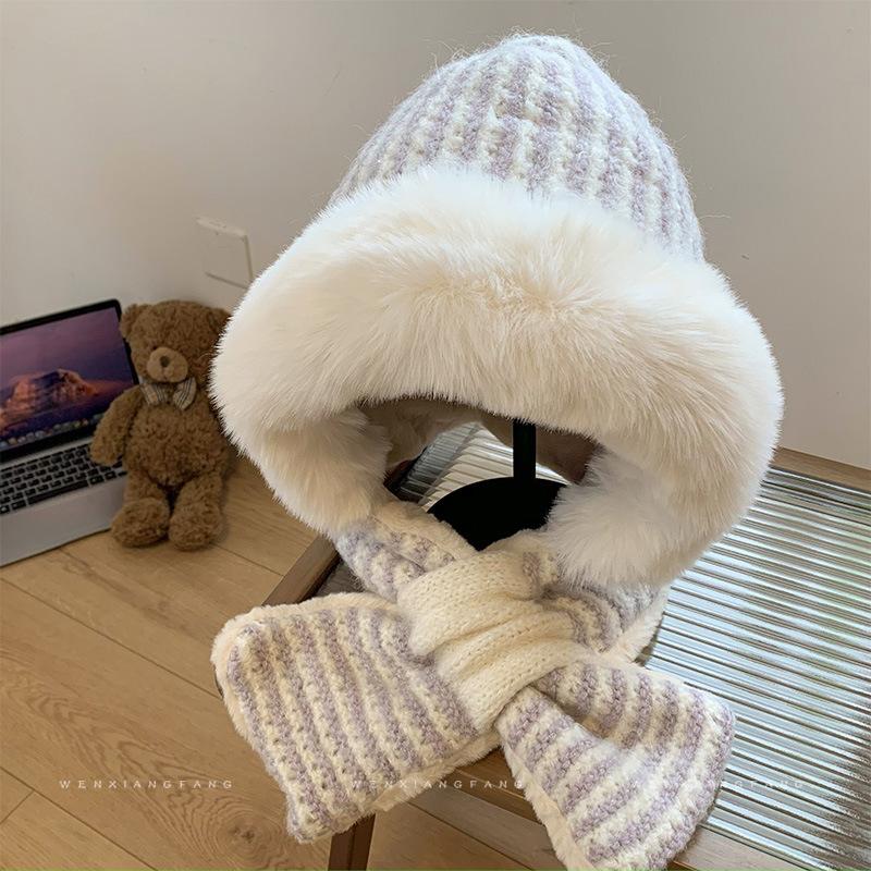 Striped plush hat scarf integrated female winter Korean version showing a small face cycling cold-proof knitted ear protector Lei Feng hat tide