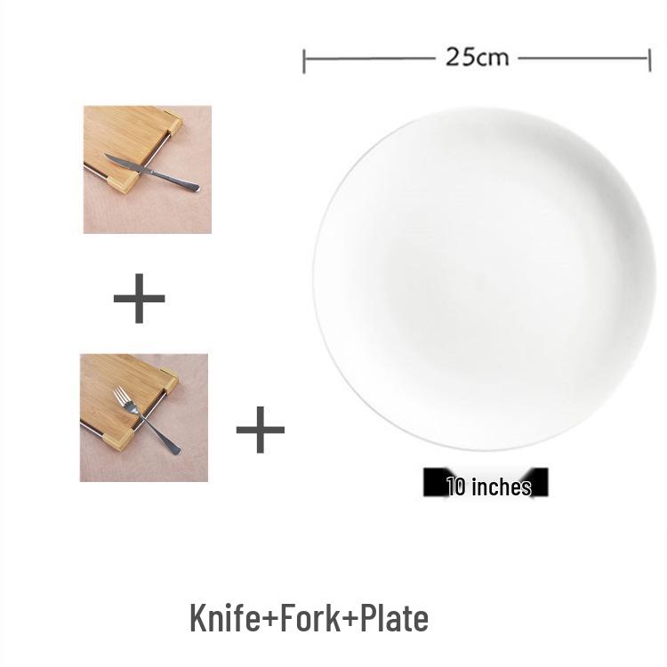 Thickened Stainless Steel Cutlery Set: Ceramic Plate, Steak Knife, Fork, Spoon - Three-Piece Western Dining Set