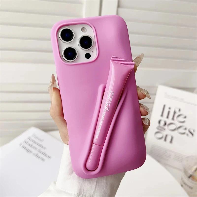 

Портативный силиконовый чехол для телефона в виде блеска для губ для iPhone 17 11 12 13 14 15 16 Pro Max Plus с держателем для помады, мягкая обложка iPhone 11 ярко-розовый