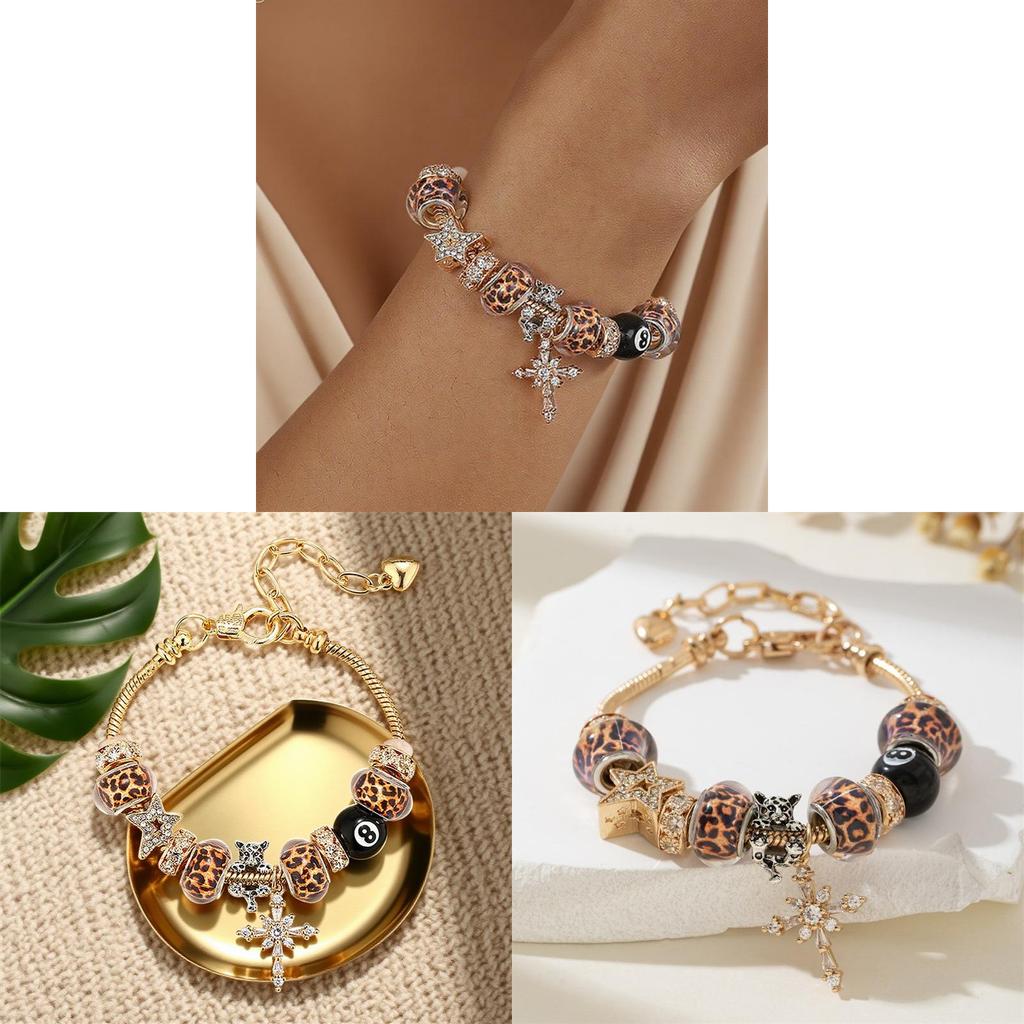Elegant Leopard Print Cross Charms Adjustable Copper Bracelet For Women