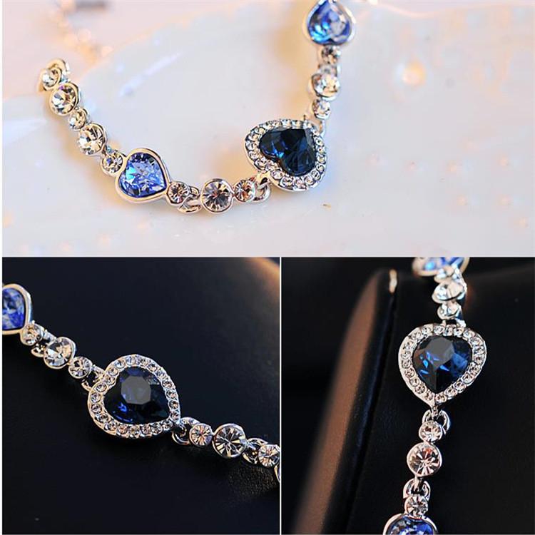 Women Ocean Blue Crystal Rhinestone Heart Bangle Bracelet