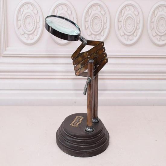 Brass Adjustable Magnifier Harmonica Style, Wood Base Table Top Home Office Decor