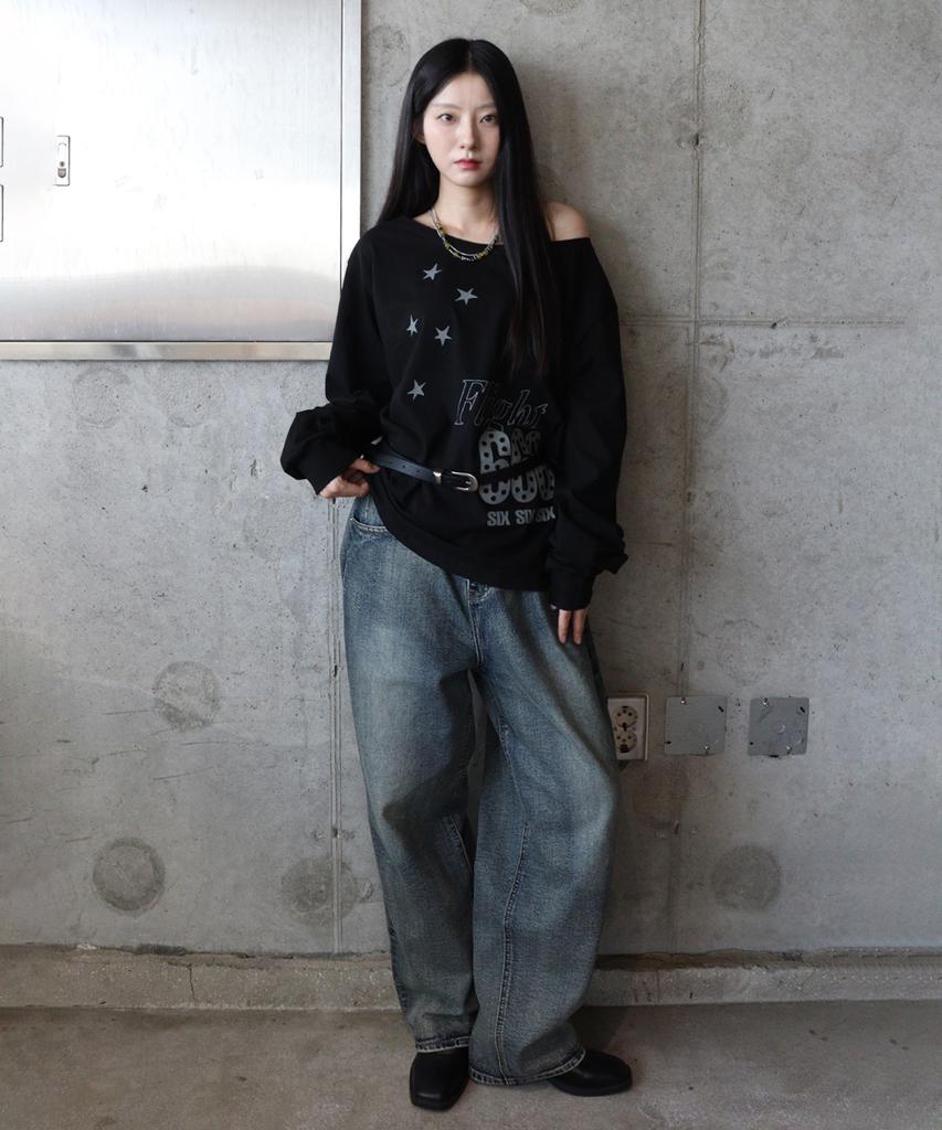 DEFYCLUBROBBERS Flight 666 Boat Neck One Shoulder Long Sleeve Black