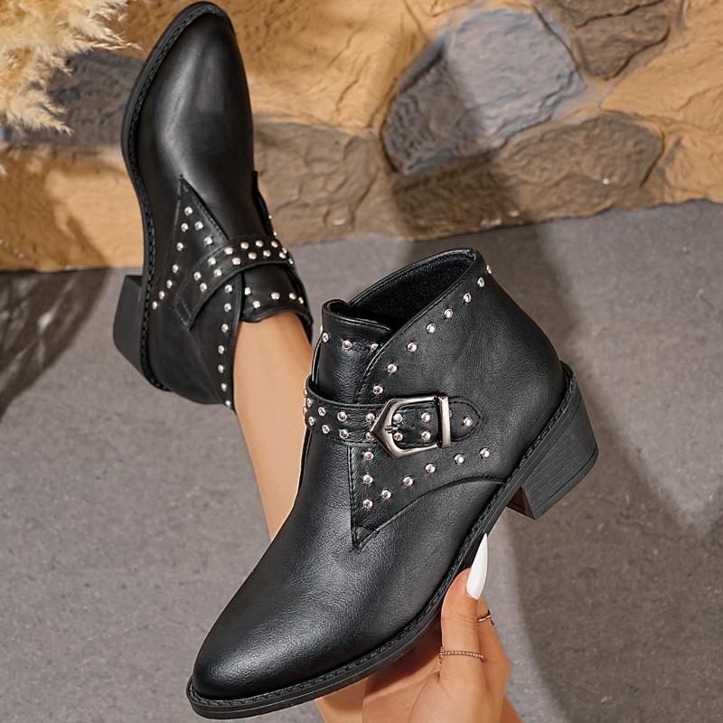 Damen Weite Weite Runde Zehenpartie Klobiger Absatz Martin Stiefel - Western Stiefeletten mit Schnallen- & Nieten-Details für Herbst/Winter