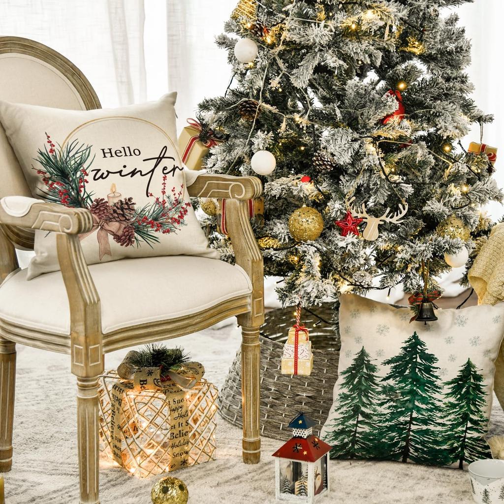 Merry Christmas Trees Reindeer Snowflake Throw Pillow Covers, Winter Holiday Cushion Case Decoration For Sofa Couch Set Of 4