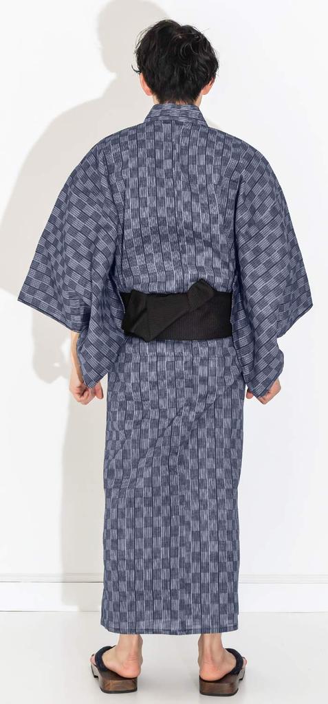 KYOETSU Yukata Set and Waist Checkered Pattern x Navy Blue Men's 3-Piece (Yukata, One-Touch Obi, Cord) (M, C-18. (One-Touch Obi, Black))