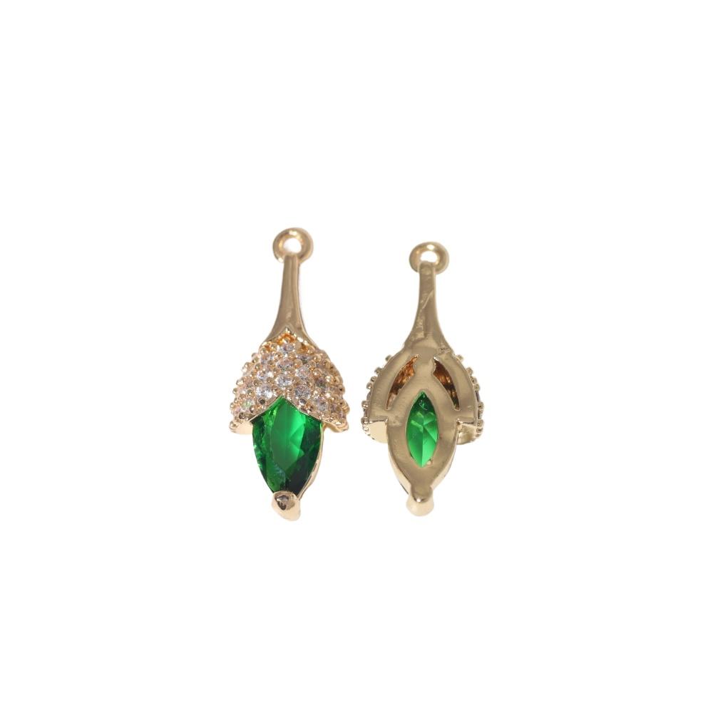 Copper Tulip Flower Charms with Green & Clear Zirconia, Golden Plated, 2pcs for DIY Jewelry Making