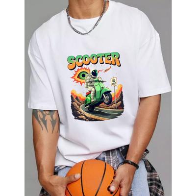Roller T-Shirt Weiß Astronaut fährt grünen Roller mit Auge Sonne und Straßenschild Grafik für Freizeitkleidung