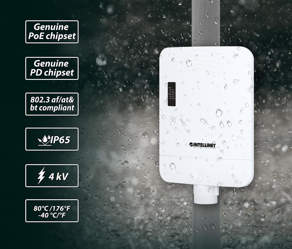 Intellinet Outdoor PoE Powered Gigabit Switch Extender 5-Port / 4-Port PoE+