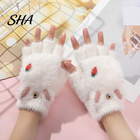 Cute Bear Paw Thermal Mittens Furry Cat Gloves, Flip Top Mitten with Button for Women, Winter Fluffy Plush Accessories Half Finger Gloves Print