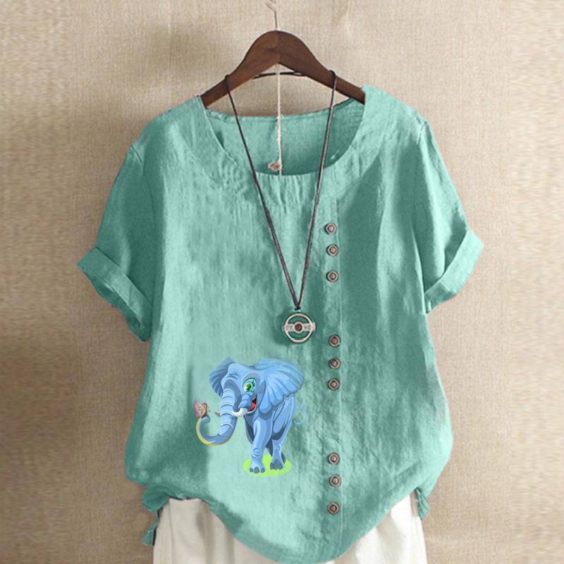 Women's Fashion Elephant Print Short Sleeve T-shirt Loose Cotton Shirt Casual Loose Summer Blouse Tops Plus Size