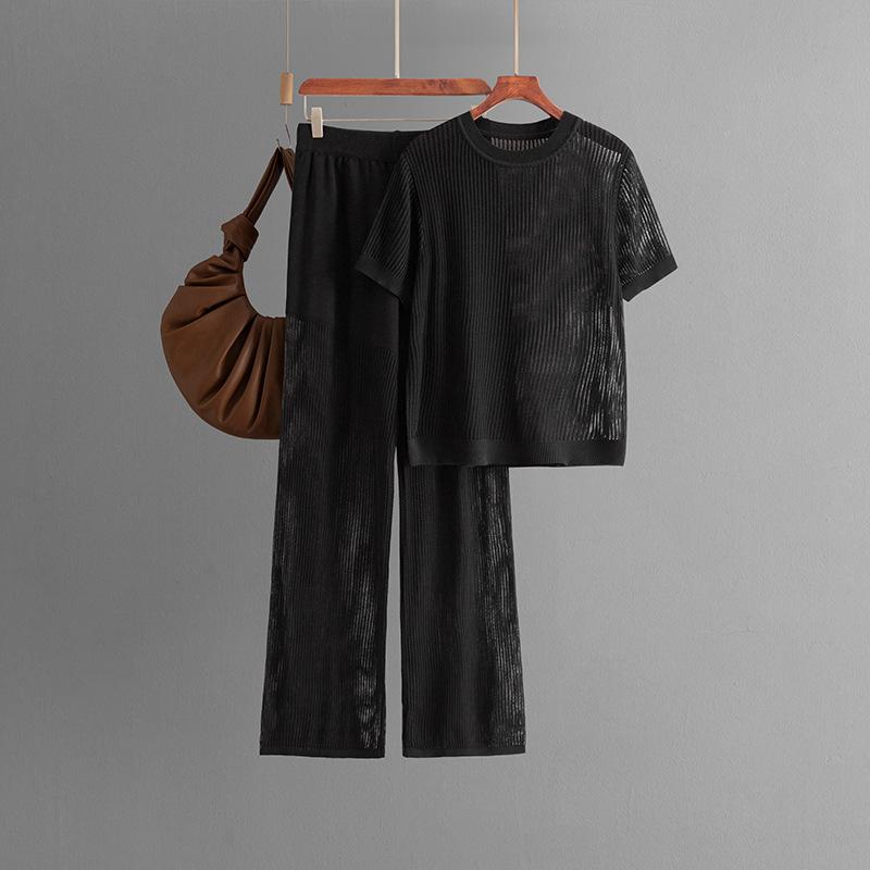 Summer Casual Fashion Versatile Round Neck Solid Color Short-sleeved Loose Knitted Hollow Wide-leg Pants Two-piece Set