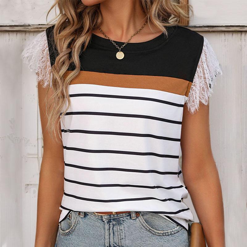 QICED Stripe Color Patchwork T-shirt Lace Patchwork Short-sleeved Women's Top Basic T-shirt