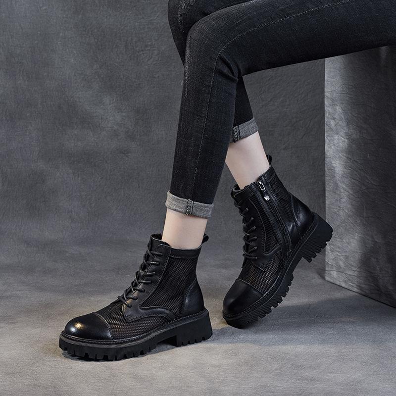 Spring 2025 New Breathable Mesh Shoes First Layer Cowhide Short Boots British Retro Women's Boots Summer Fashion Sandals