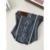 American vintage Gyaru Lace Stitching Denim Tube Top Women Summer Pure Want Bandage Waist Hugging Slim fit Sleeveless Vest