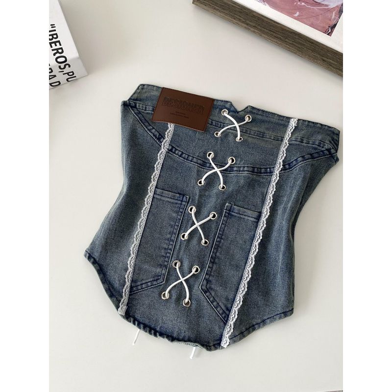 American vintage Gyaru Lace Stitching Denim Tube Top Women Summer Pure Want Bandage Waist Hugging Slim fit Sleeveless Vest
