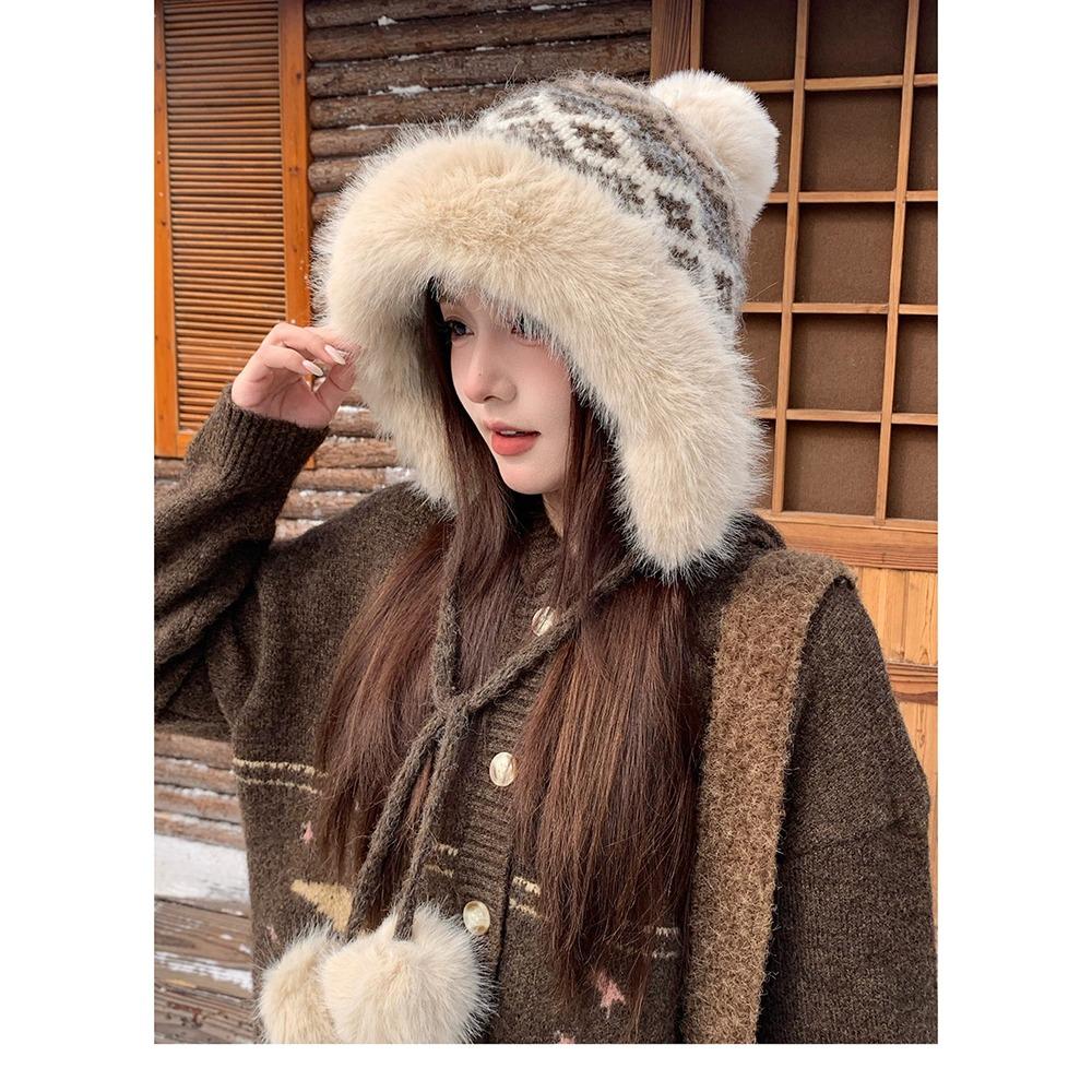 56cm to 58cm Head Circumference Fluffy Knitted Hat Ear Protection Hat Cold Weather