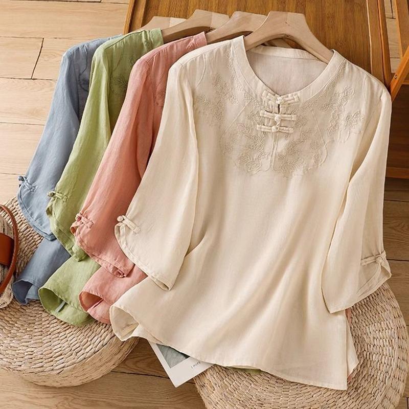 women chinese style embroidered linen blouse frog button three quarter sleeve shirt