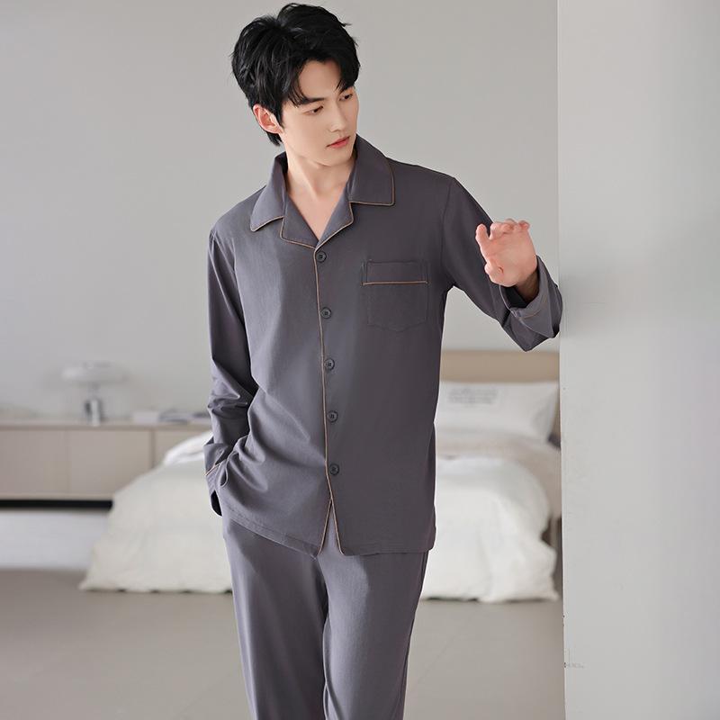 Pajamas Men'S Spring And Autumn Autumn Cotton Long Sleeve High-End Homewear Men'S Simple Casual Cotton Suit