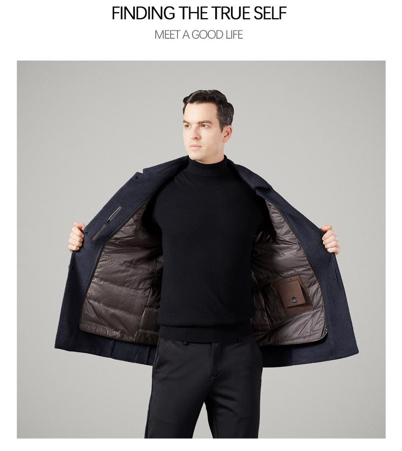 Men's Winter Wool Double-Faced Trench Coat with Down Liner and Cashmere Lapel