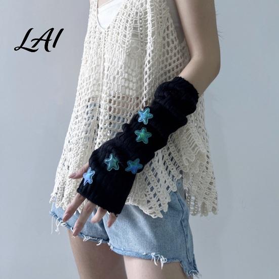 Dunkle Gothic Mode Handschuhe Sternenstrick Armstulpen Fingerlos für Damen Mädchen Lolita Alltag Ärmel Stil Gestreift Häkeln Cosplay Kostüm