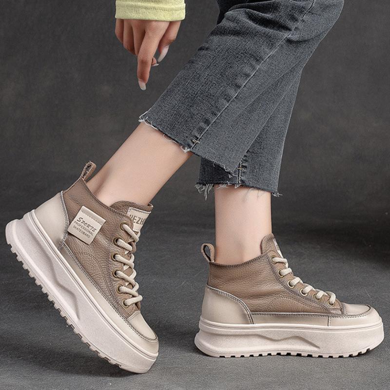 Johnature Flache Plateauschuhe aus echtem Leder zum Schnüren mit dicker Sohle, lässige, vielseitige Damenschuhe aus Rindsleder