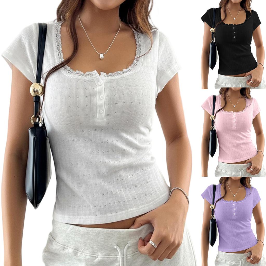 Women's Short Sleeve Lace Trim Three-Button Blouse with - Versatile Casual Summer Top for Daily Wear, , and Parties