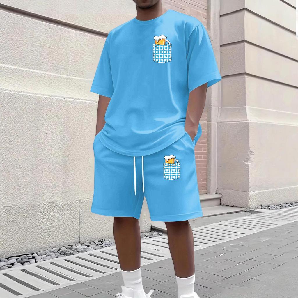 Herren Casual Kurzarm T-Shirt und Shorts Set Rundhalsausschnitt Oberteil und Bund mit Kordelzug Unterteil mit Taschen detail Geeignet für den täglichen Gebrauch