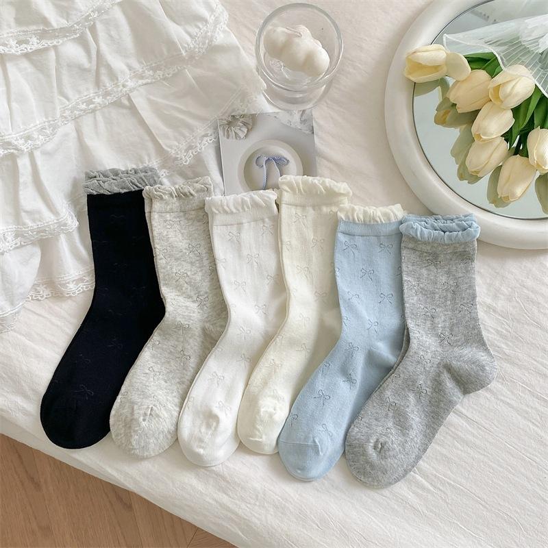 Ballet Style Bow Bubble Pile Socks Summer Mesh Thin Mid-Leg Socks Boneless Lace Anti-Pilling
