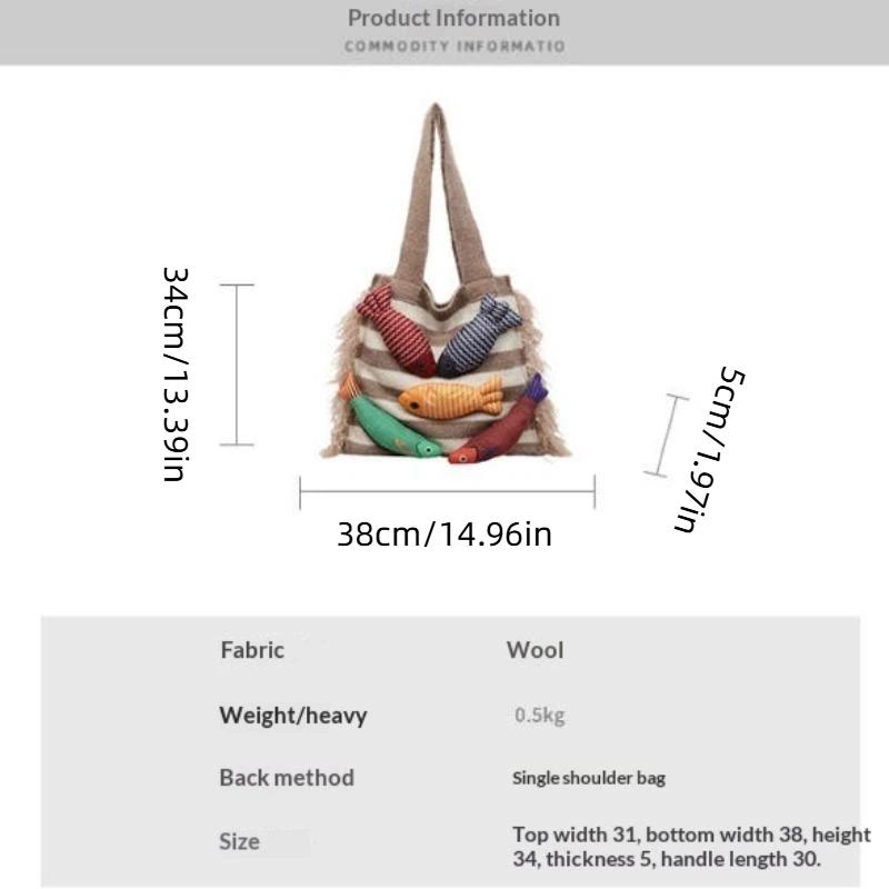 Cute Little Fish Knitted Tote Bag Summer Breathable Lightweight Versatile Commuter Shoulder Bag for Family Weekend Trips