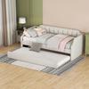 90x200cm Folding Bed Cotton Linen Fabric Day Bed with Pull-out Bed Headboard Strong Wood Slat Support Bed Home Furniture,