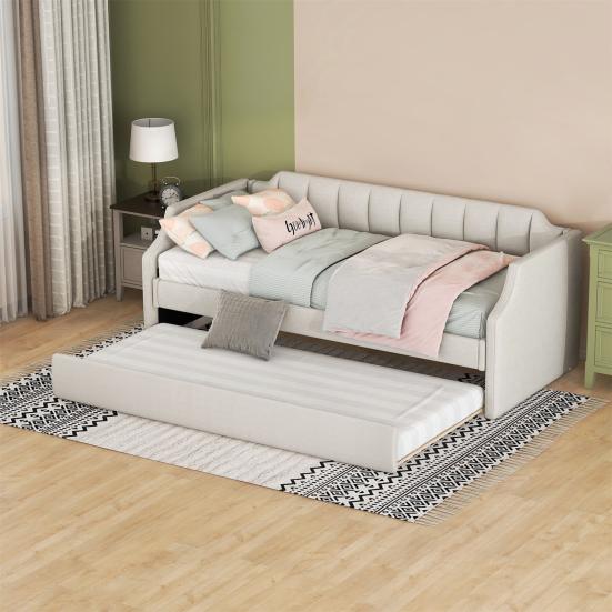 90x200cm Folding Bed Cotton Linen Fabric Day Bed with Pull-out Bed Headboard Strong Wood Slat Support Bed Home Furniture,