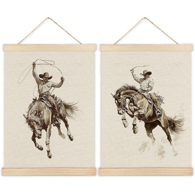 LZYRF Vintage Western Cowboy Wall Art Poster Framed, Western Room Decor, Rustic Country Wild West Horse Rodeo Cowboy Canvas Prints Wall Decor for