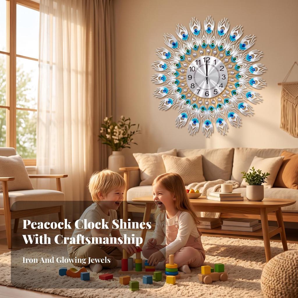 Peacock Wall Clock Non-Ticking Radial Modern Glam for Living Room