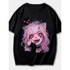 Cute Anime Pattern Printed T-Shirt Short Sleeve Round Neck Casual Top Pink Hair and Cat Ears Pattern Design Top Hippie T-Shirt(1)