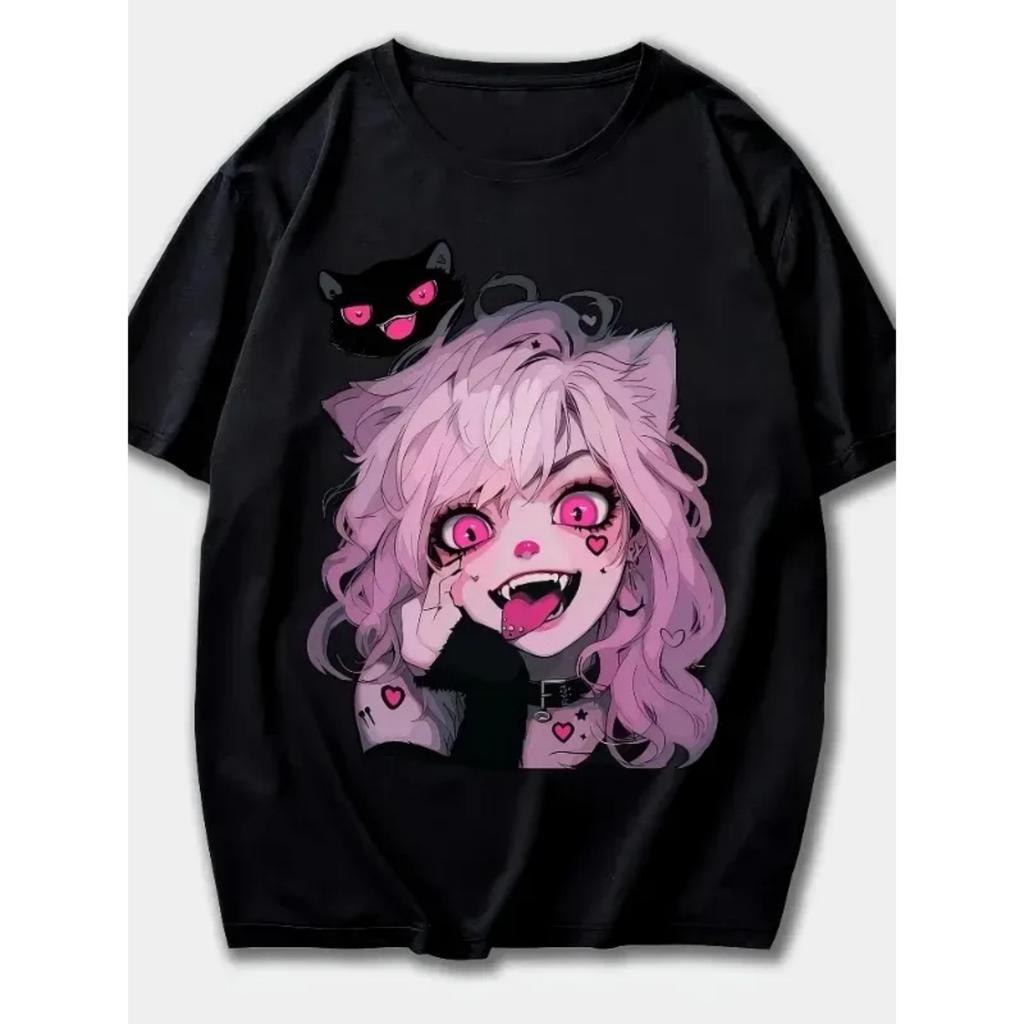 Cute Anime Pattern Printed T-Shirt Short Sleeve Round Neck Casual Top Pink Hair and Cat Ears Pattern Design Top Hippie T-Shirt(1)