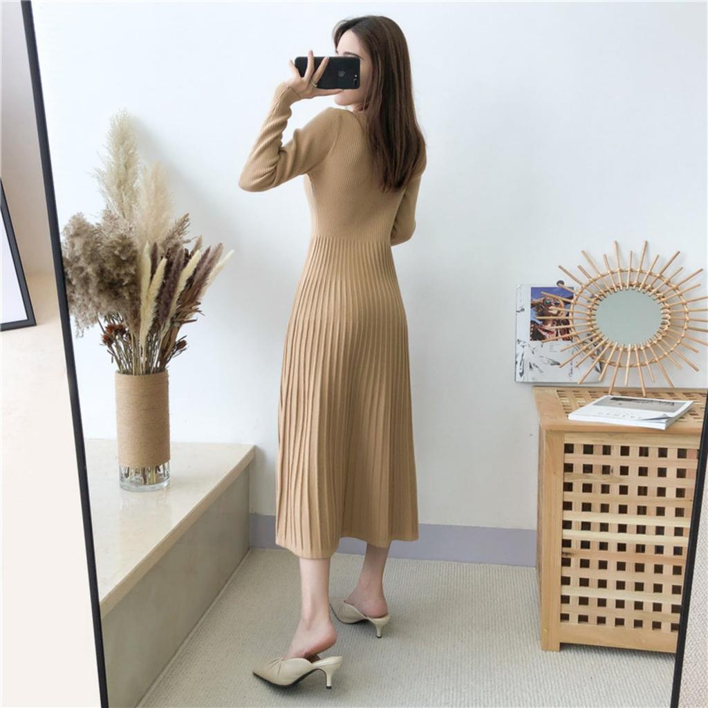 Knit Long Sleeve Elegant High Medium Relaxed Slimming Simple Black [JINJUDUO] Women's Dress, Autumn/Winter, V-Neck, Sweater, Dress, Waist, A-Line,