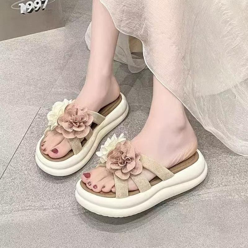 New One-word Slippers Women's Summer Wear Two-color Flower Thick-bottomed Cool Slippers Fashionable Non-slip Comfortable Beach Sandals