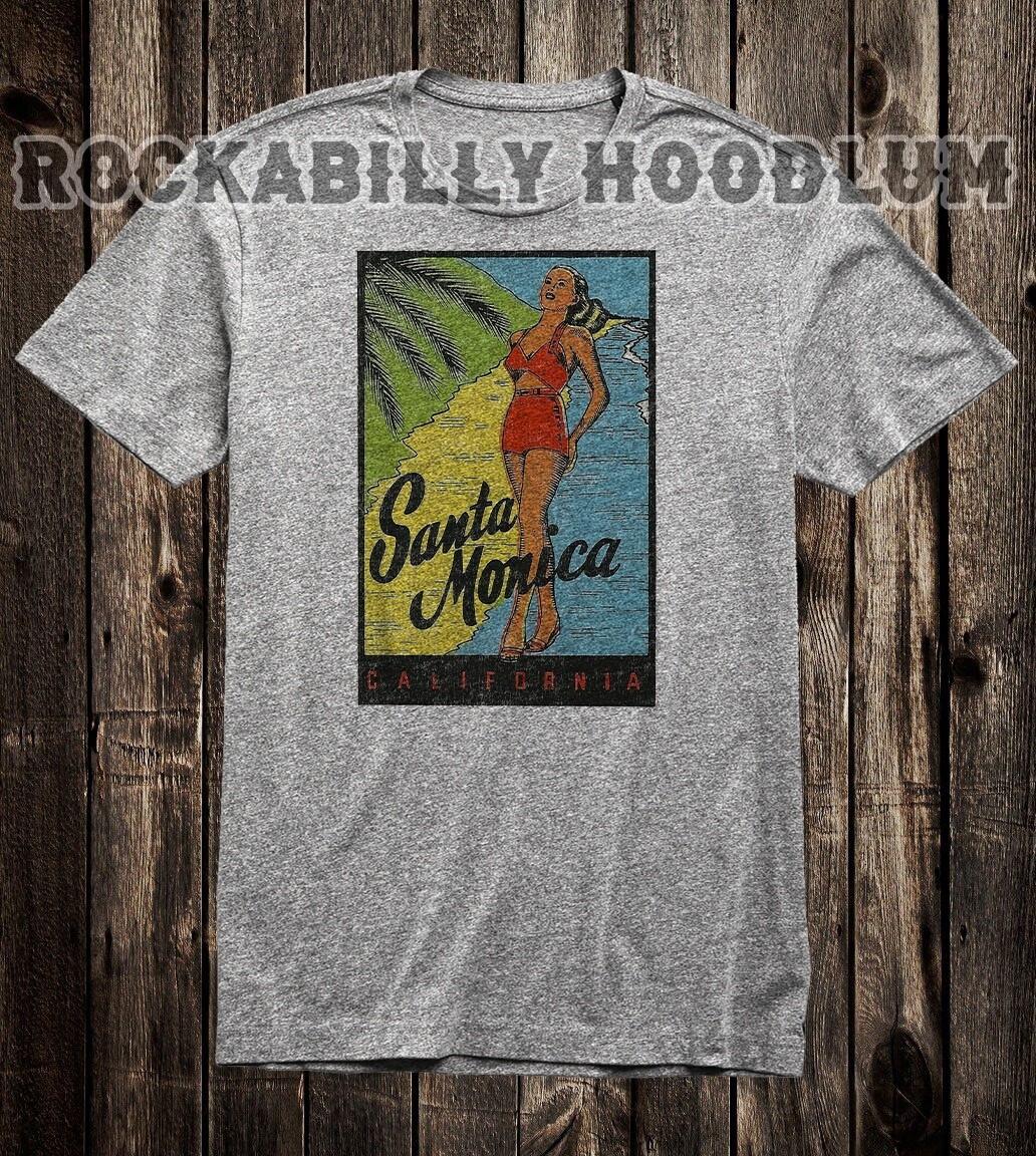 Retro Travel Tee T Shirt Pinup Girl California State Santa Monica L