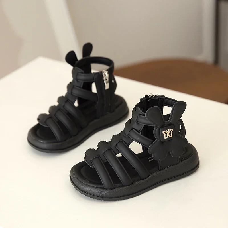 Kids Beach Shoes Open Toes Non-slip Girls Roman Sandals with Cute Rabbit Ins Trendy 2025 New Fashion Children Princess Shoes