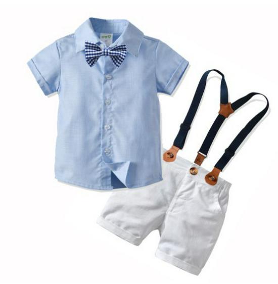 Boy's British Style Tuxedo Set: Summer Shirt, Bow Tie & Suspender Pants for Baby's First Birthday