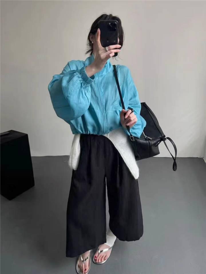 Korean-Style Stand-Up Collar Zip-Up Sun Protection Jacket for Women - 2025 Spring/Summer Cotton-Linen Collection, Slimming and Loose Fit