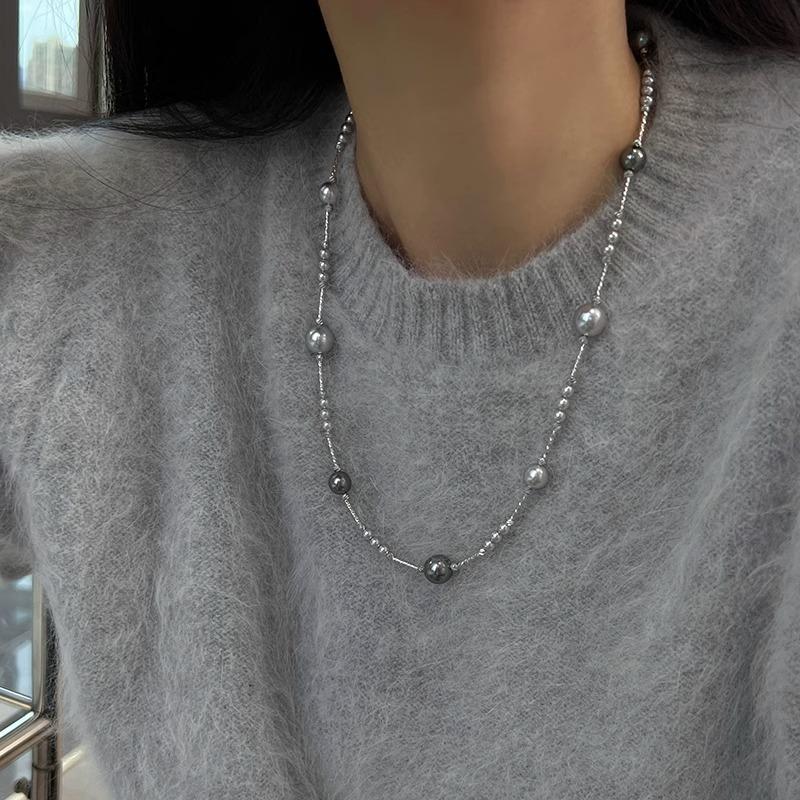 Mother-of-pearl Ruyi knot, starry sky design, multi-strand gray pearl necklace, fashionable and elegant, long sweater chain, popular among