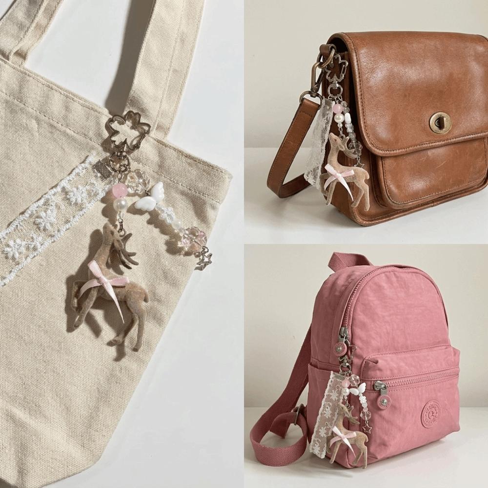 Coquette Style Fawn Keychain Ribbon Bow Design Phone Charms Cute Bag Pendant Bag Decoration
