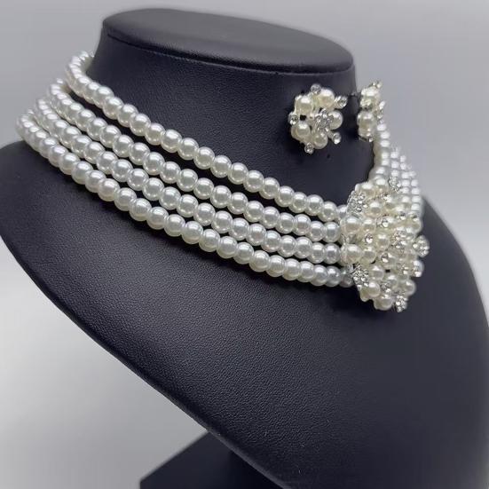 2Pcs/Set Imitation Pearl Jewelry Set Flower Charm Adjustable Retro Style Extension Chain Necklace Stud Earrings Set