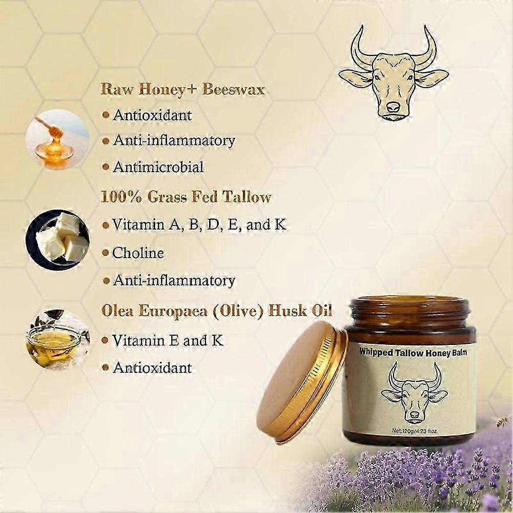 120ml Grass-Fed Tallow Moisturizer, Whipped Beef Tallow & Honey Balm, Natural Anti-Aging Face Cream, Deep Hydration for Sensitive Skin