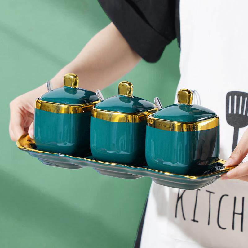 Nordic Style Ceramic Seasoning Jar Set with Gold-Edged Lids: Includes Salt Shaker & MSG Can.