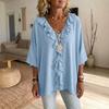 Women's V Neck Three Quarter Sleeve Blouse Loose Fit Ruffle Front Solid Linen Casual Top