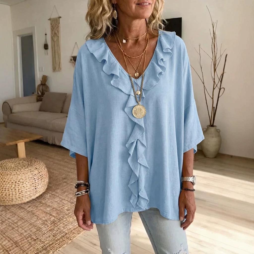Women's V Neck Three Quarter Sleeve Blouse Loose Fit Ruffle Front Solid Linen Casual Top